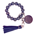 Leopard print beaded keychain bracelet with purple tassel and engraved MAMA wood charm - Black