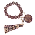 Golden leopard print wooden bead MAMA keychain bracelet with stylish leather tassel - Coffee