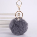 Detail of grey faux rabbit fur pom pom keychain with gold hardware and rhinestone ball - 8cm Pompom / Dark Gray