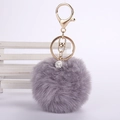 Close-up of grey faux rabbit fur keychain with gold lobster clasp and rhinestone ball - 8cm Pompom / Light Gray