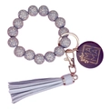 Leopard print wood bead bracelet keychain with grey leather tassel and MAMA charm - Gray
