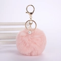 Detail of pink faux rabbit fur keychain with gold alloy ring and sparkling crystal ball - 8cm Pompom / Pink