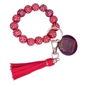 Porte-clés bracelet en perles de bois léopard rouge avec pompon et breloque ronde MAMA - Rouge