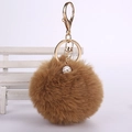 Detail of fluffy brown faux rabbit fur keychain with a crystal-encrusted gold bead charm - 8cm Pompom / Khaki
