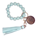 Porte-clés MAMA en perles léopard bleu clair avec pompon et pendentif en bois - Vert