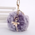 Détail d'un porte-clés en fausse fourrure violette avec pendentif ballerine dorée et strass - Pompon de 8 cm / Bicolore Violet