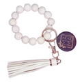 Bracelet porte-clés perlé imprimé léopard avec breloque MAMA et pompon en cuir blanc - Blanc Cassé