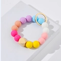 Colorful silicone bead bracelet keychain with wooden accent and golden metal ring - As Shown