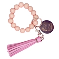 Bracelet porte-clés en perles de silicone rose léopard avec gland et pendentif MAMA en bois - Rose