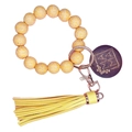 Porte-clés bracelet en perles léopard jaunes avec pendentif MAMA et pompon en cuir - Jaune