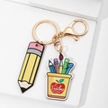 Rainbow pencil cup and yellow pencil keychain gift for teachers with gold lobster clasp - Pen Holder Wood Board And Pencil