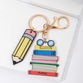Rainbow pencil and books wooden keychain gift for teachers with golden lobster clasp hardware - Glasses Books Wood Board And Pencil