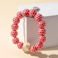 Pink heart print wooden bead keychain bracelet with silver metal ring and geometric wood bead - Pink Heart
