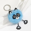 Cute blue plush monster keychain with silver ring on white silk background - Blue