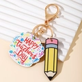 Detail of teacher gift keychain with colorful floral plaque and yellow pencil pendant - Alphabet Wood Board And Pencil