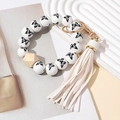 Bracelet porte-clés bohème en perles de bois avec papillon et long gland blanc - Blanc