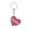 Close-up of heart-shaped keychain with pink plaid design and mama lettering - Pink Brown Plaid-mama