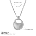 Minimalist silver stainless steel geometric necklace with circular pendant on curb chain - Oval Geometric Pendant Style / Silver Necklace (XL871S)