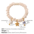 Creamy macaron scrunchie with stainless steel star, ceramic beads, and rhinestones - Beige - Star Porcelain Style (FQ01OW-PJ1133OWG-PJ533WEG-PJ360BEWG)