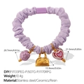 Purple macaron hair scrunchie with rose flower, golden bag and heart pendants - Purple - Rose Handbag Style (FQ01PE-PJ1133PEG-PJ507G-PJ1170RPG)