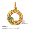 Golden stainless steel round pendant with blue and green floral dripping oil design - Blue Flower Round Style (PJ1904BGG)
