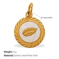 Golden stainless steel round pendant with white shell base and leaf design 17.6mm - Leaf Style (PJ1565WEG12)