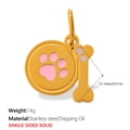 Pendentif pour animaux en acier doré avec empreinte rose et breloque en os - Style Rond Patte Rose et Os (PJ1828PWG)