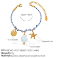 Blau-weiß gewebtes Armband mit goldenen Seestern- und Muschel-Anhängern für den Sommer - Jakobsmuschel Schnecke Seestern Armband(SL385BEG14)