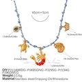 Blue and white woven nautical necklace with stainless steel sea charms and rhinestones - Turtle Lobster Rhinestone Shell Necklace (XL785BEG12)