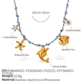 Blue and white woven nautical necklace featuring gold starfish and dolphin charms - Starfish Dolphin Rhinestone Flower Necklace (XL785BEG14)