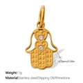 Golden Hamsa Hand pendant in stainless steel with white rhinestones and heart detail - Gold Double Heart Hand (PJ1850WEG)