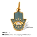 Golden Hamsa hand charm with blue enamel eye and white rhinestone in stainless steel - Gold Grey Blue Stone Hand (PJ1851DWG)