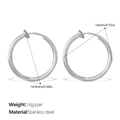 Hip-Hop Silber Edelstahl Clip-Ohrringe, 14mm runder Ohrclip ohne Durchstechen - 15mm Silberne Creolen (EH1312S15MM)