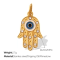 Golden Hamsa hand charm in stainless steel with evil eye and white rhinestones - Gold Wide Hand (PJ1859WBG)