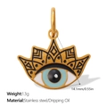 Golden stainless steel crown evil eye pendant with blue enamel and dimensions label - Gold Crown Eye (PJ1862WBG)