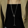 Sautoir asymétrique argenté avec chaîne serpent et pendentif à bascule en T - Cercle 6.0 Acier avec Chaîne Serpent 1.6 Prolongée (C-009)