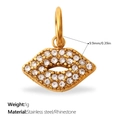 Gold lip-shaped pendant with white crystals and dimensions for jewelry making - Gold Full Rhinestone Lip Charm (PJ2081WEG)