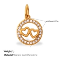 Gold stainless steel heart pendant with sparkling rhinestones and 14.5mm diameter - Gold Double Heart Circle Charm (PJ2083WEG)