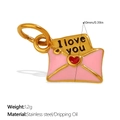 Golden stainless steel envelope charm with pink enamel and red heart for DIY jewelry - Gold Pink Envelope Pendant (PJ1961PRG)