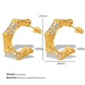 Gold-plated C-shaped bamboo earrings with rhinestones measuring 25mm in height - Golden Rhinestone Style