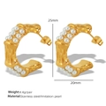 Golden bamboo C-shape hoop earrings in stainless steel with white faux pearls - Golden Artificial Pearl Style