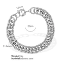 Bracciale a catena cubana in acciaio inossidabile argento largo 11,6 mm e lungo 20 cm - Bracciale / Stile Bracciale Argento (SL24)