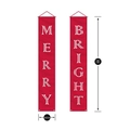 Detailed view of red Christmas door banners with Merry Bright text and 180x30cm size markings - Merry Bright Red Art Font (Pattern 7)
