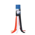 Detail of Halloween windsock showing witch silhouette and colorful hanging streamers - Witch