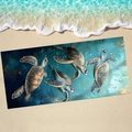 Detail of sea turtle beach towel showing microfibre texture on sand with ocean waves - 70x150cm / Sea Turtle (Roaming Sea Turtle)