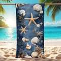 Detail showing high-quality microfiber beach towel with blue coral and seashell print - 70x150cm / Blue Coral Shell