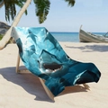 Microfiber beach towel featuring great white shark print on a wooden chair by the ocean - Large Style / Deep Sea Open Mouth Shark