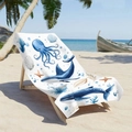 Microfiber beach towel featuring blue octopus and whale print on a wooden sand chair - 70x150cm / Watercolor Ocean