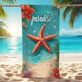 Close-up of microfiber beach towel featuring red starfish and tropical paradise print - Standard Size / Red Starfish