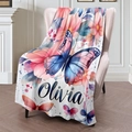 Custom flannel blanket with watercolor butterfly and floral prints featuring Olivia name - 100x150cm